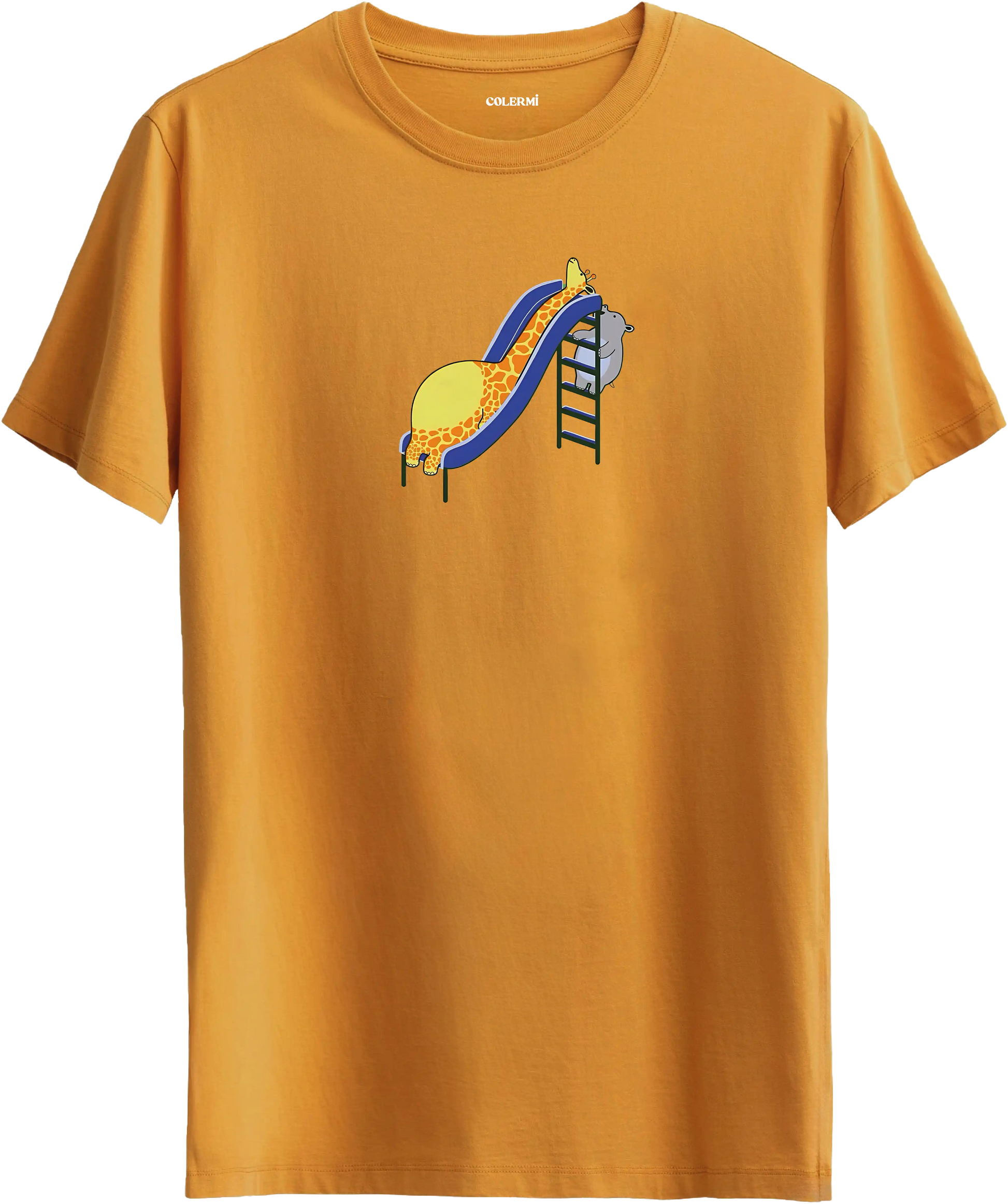 Zürafa kaydırak tasarımlı hardal renk tişört eğlenceli hayvan baskılı tasarım