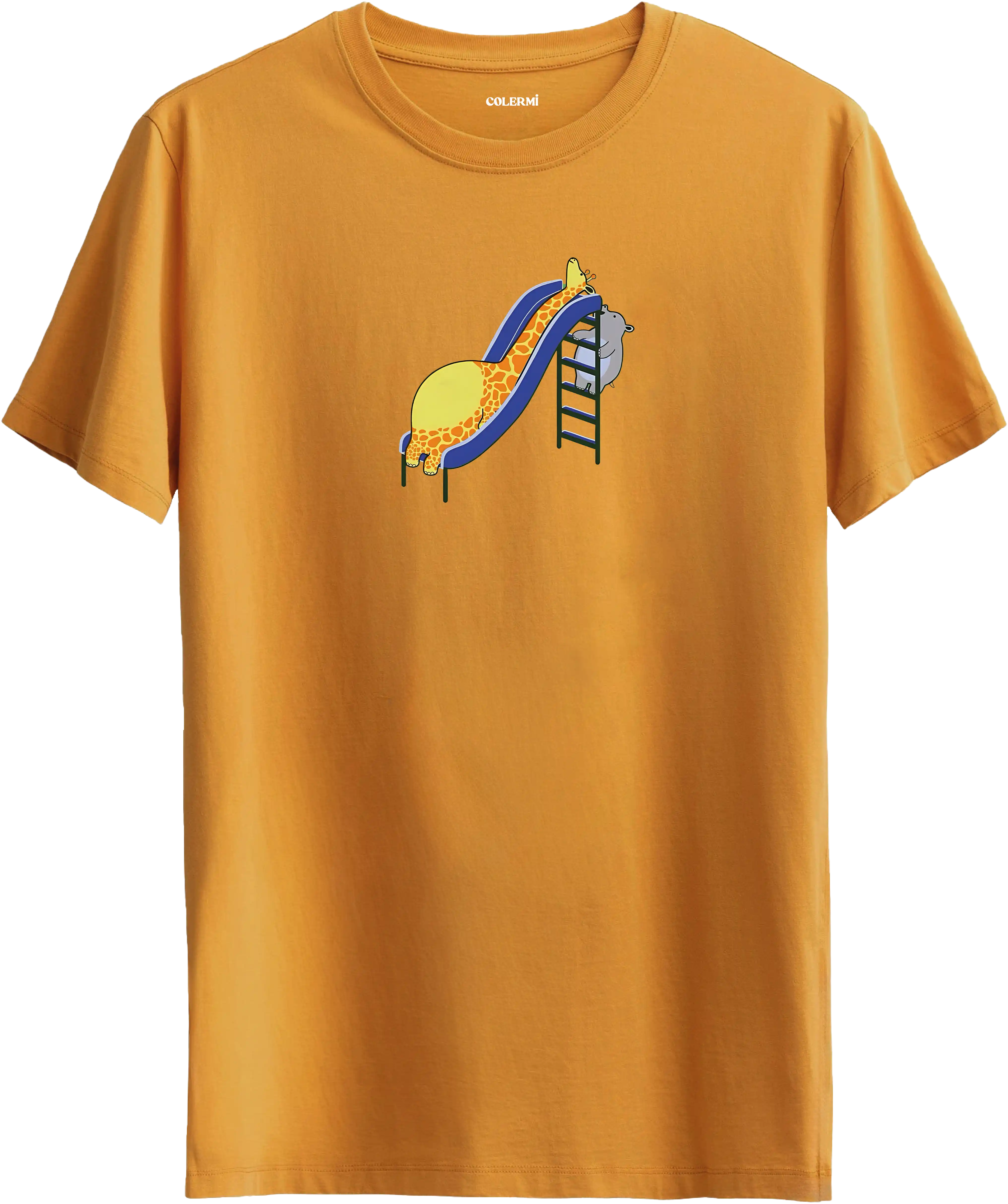 Zürafa kaydırak tasarımlı hardal renk tişört eğlenceli hayvan baskılı tasarım