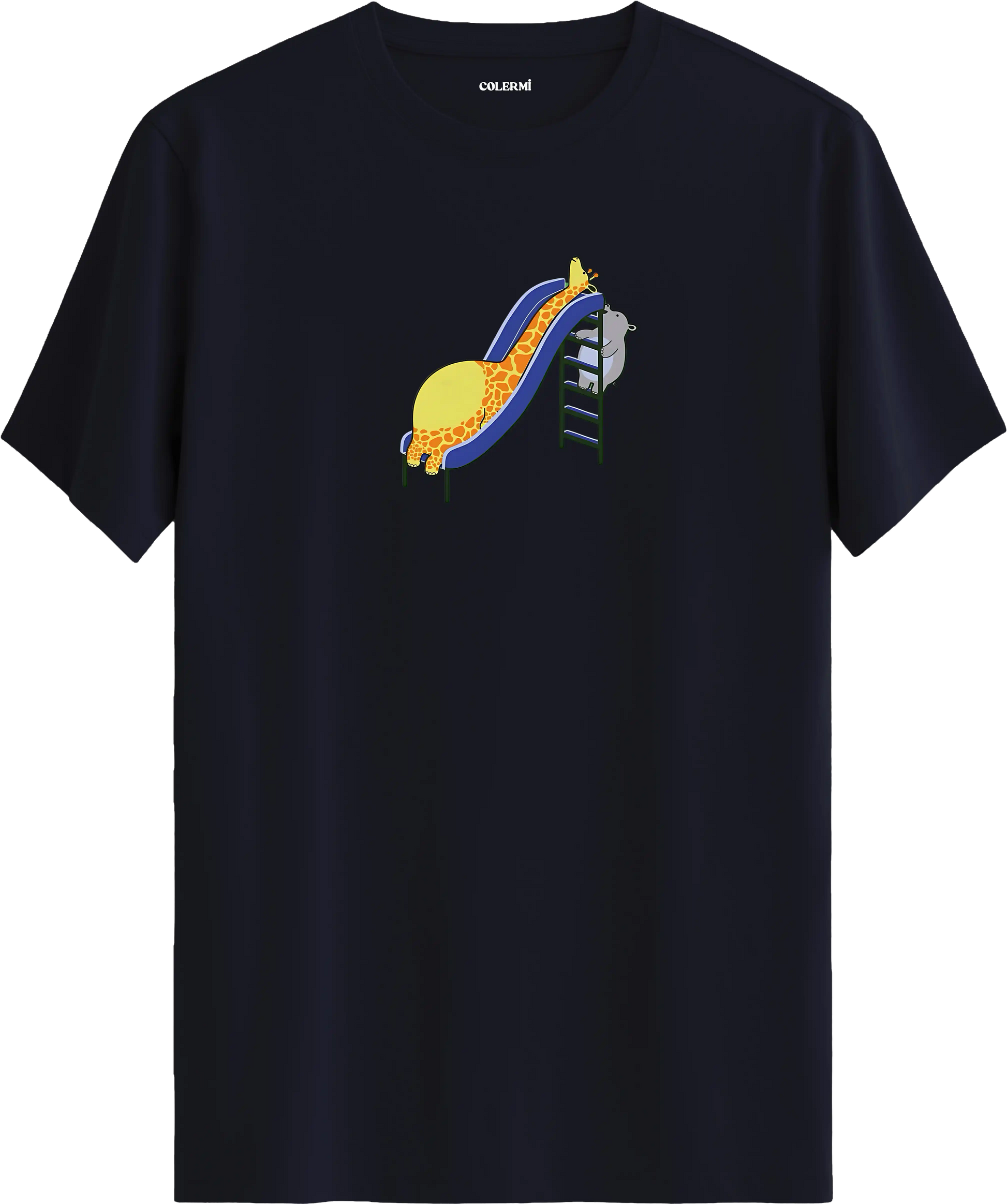 Zürafa kaydırak tasarımlı lacivert tişört eğlenceli hayvan baskılı tasarım