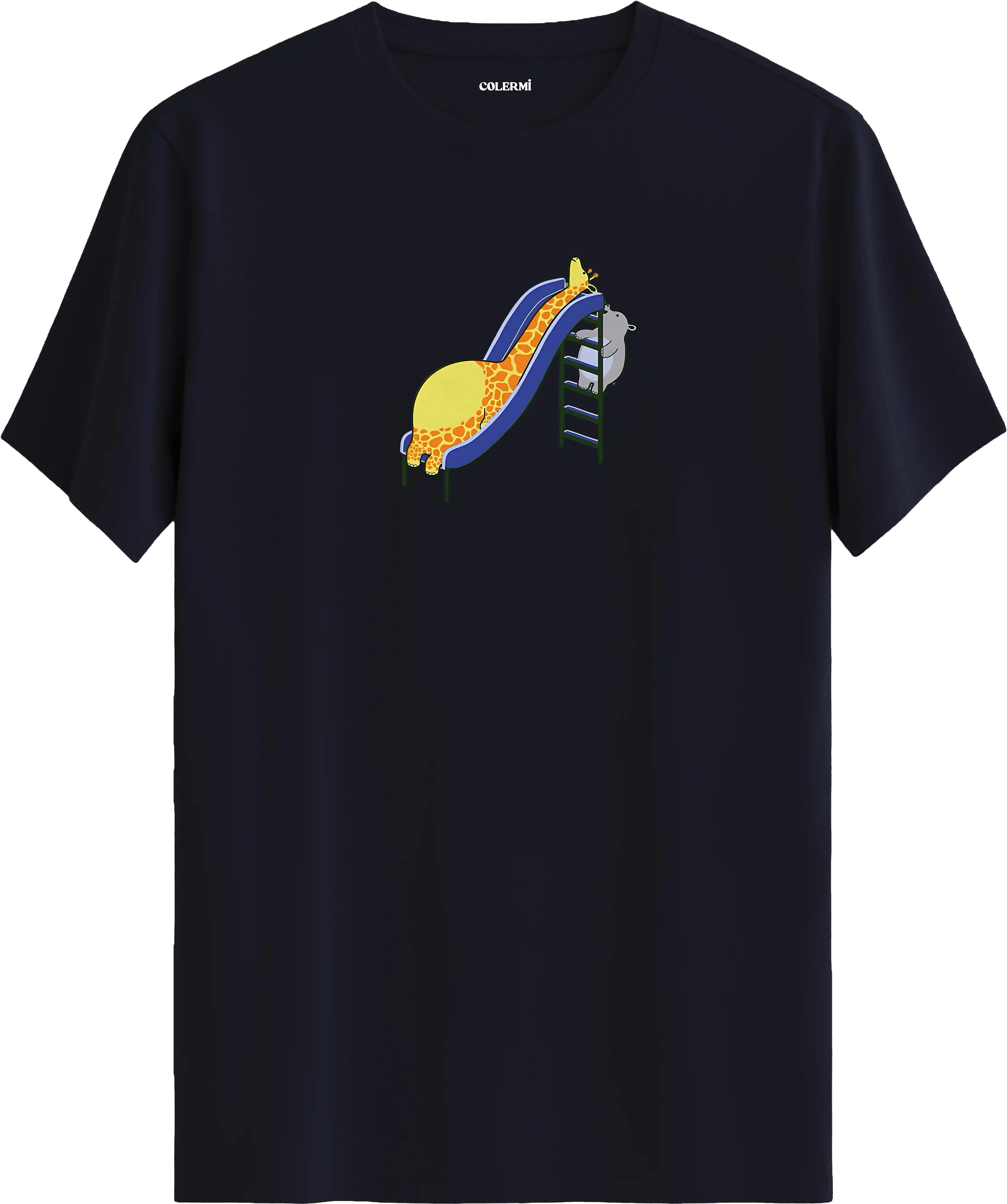 Zürafa kaydırak tasarımlı lacivert tişört eğlenceli hayvan baskılı tasarım