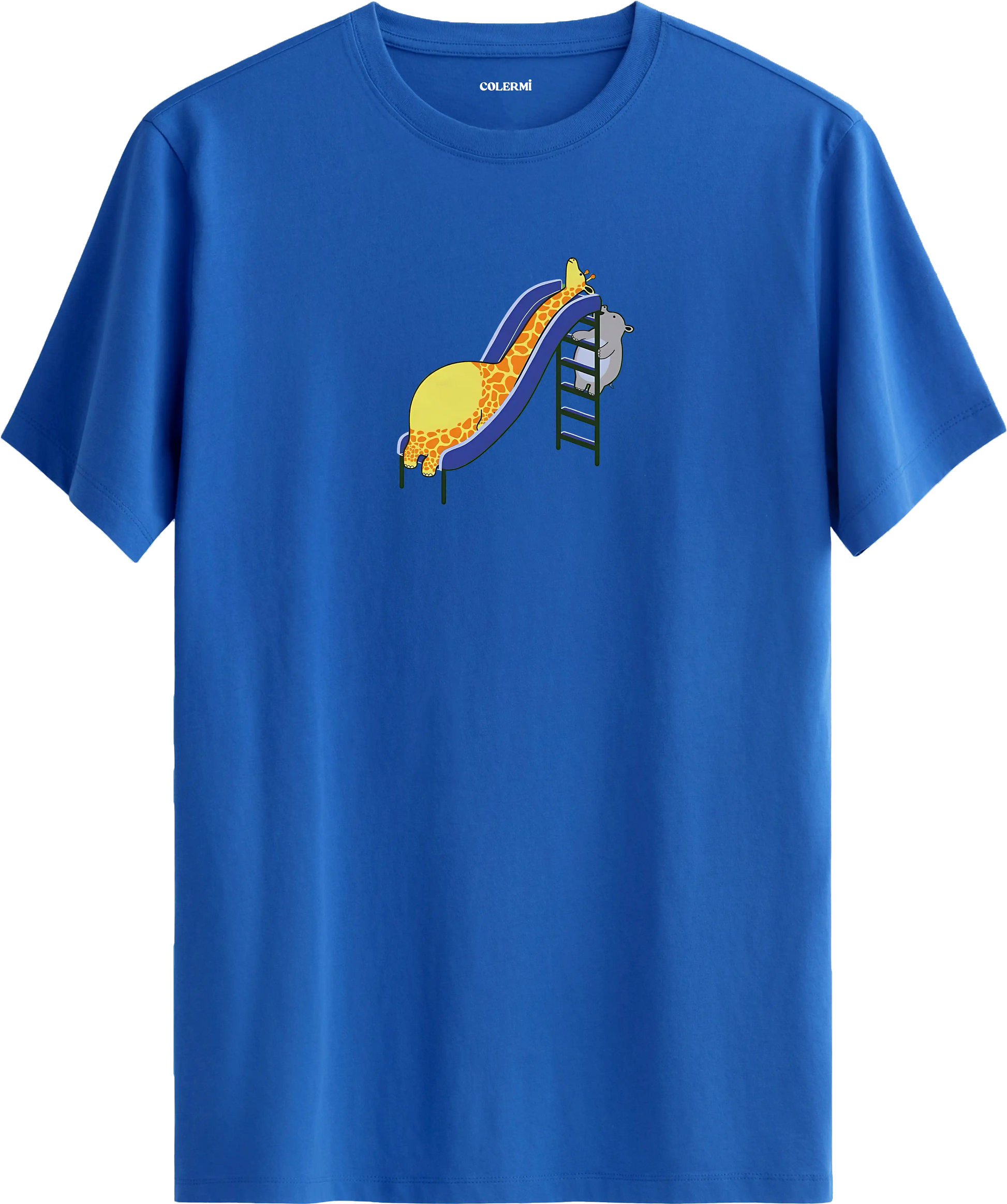 Zürafa kaydırak tasarımlı mavi tişört eğlenceli hayvan baskılı tasarım