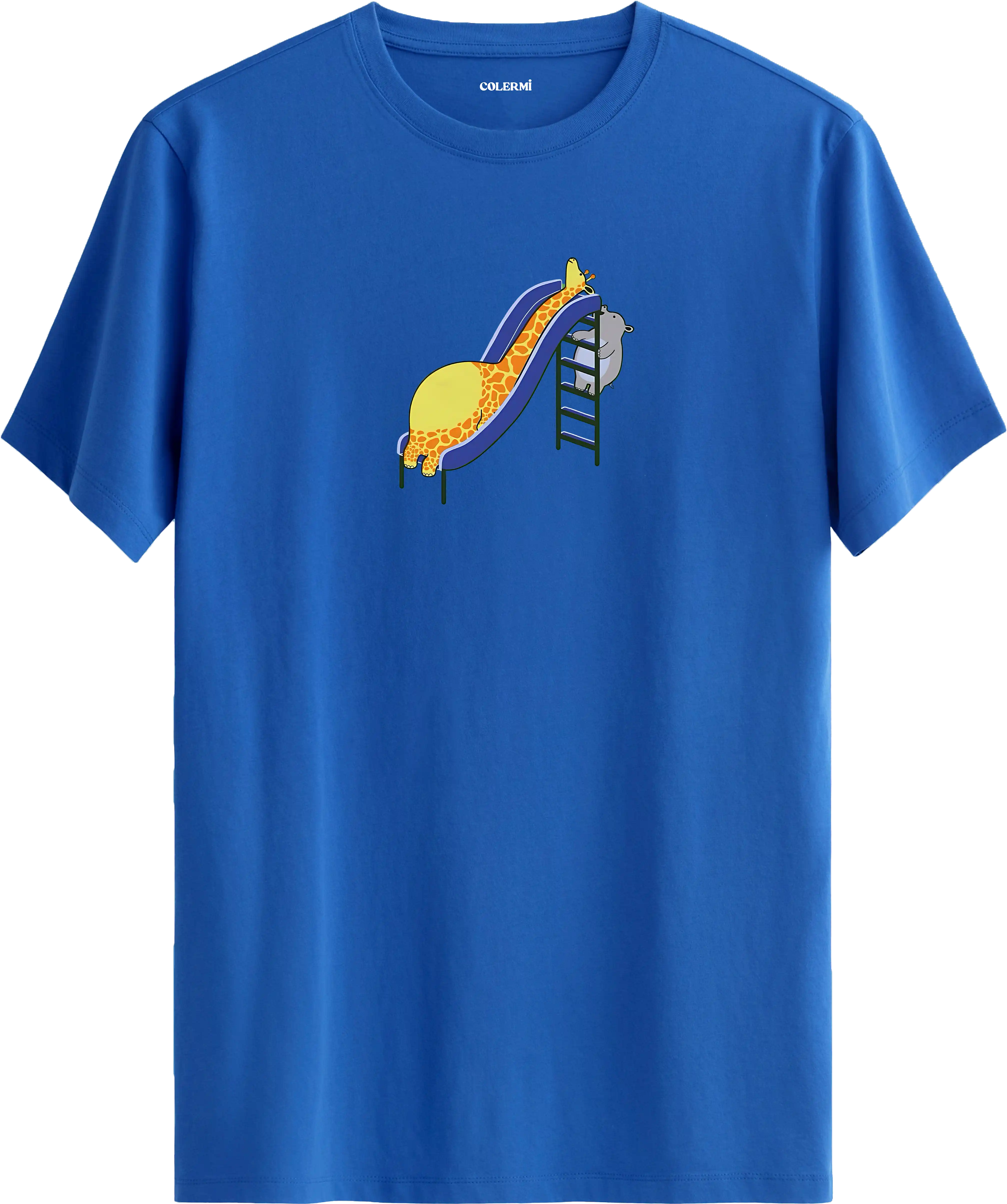 Zürafa kaydırak tasarımlı mavi tişört eğlenceli hayvan baskılı tasarım