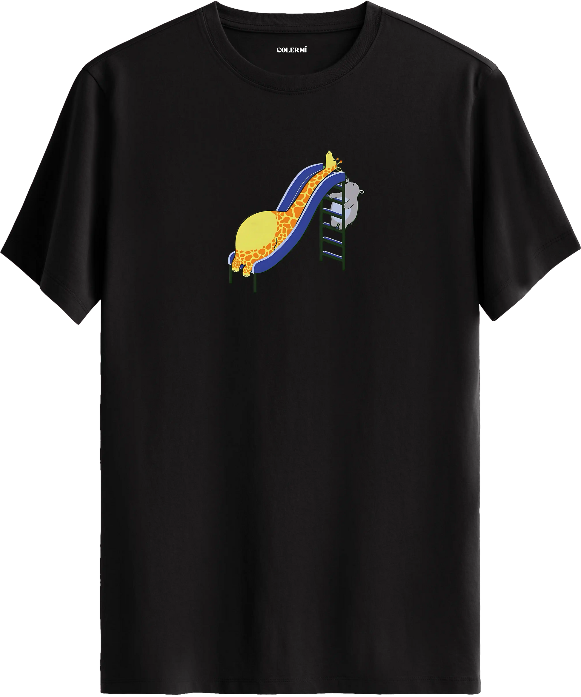 Zürafa kaydırak tasarımlı siyah renk tişört eğlenceli hayvan baskılı tasarım