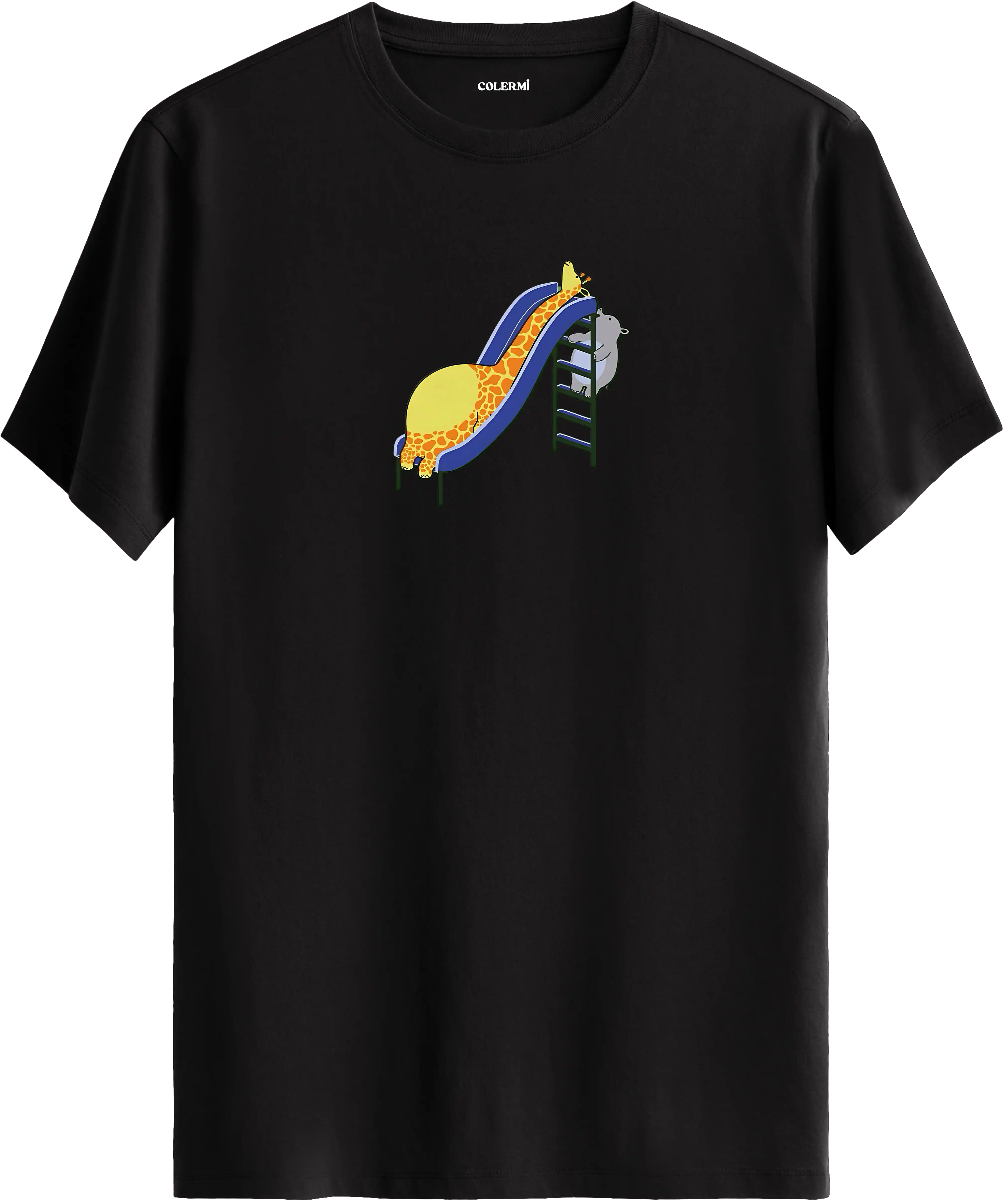 Zürafa kaydırak tasarımlı siyah renk tişört eğlenceli hayvan baskılı tasarım