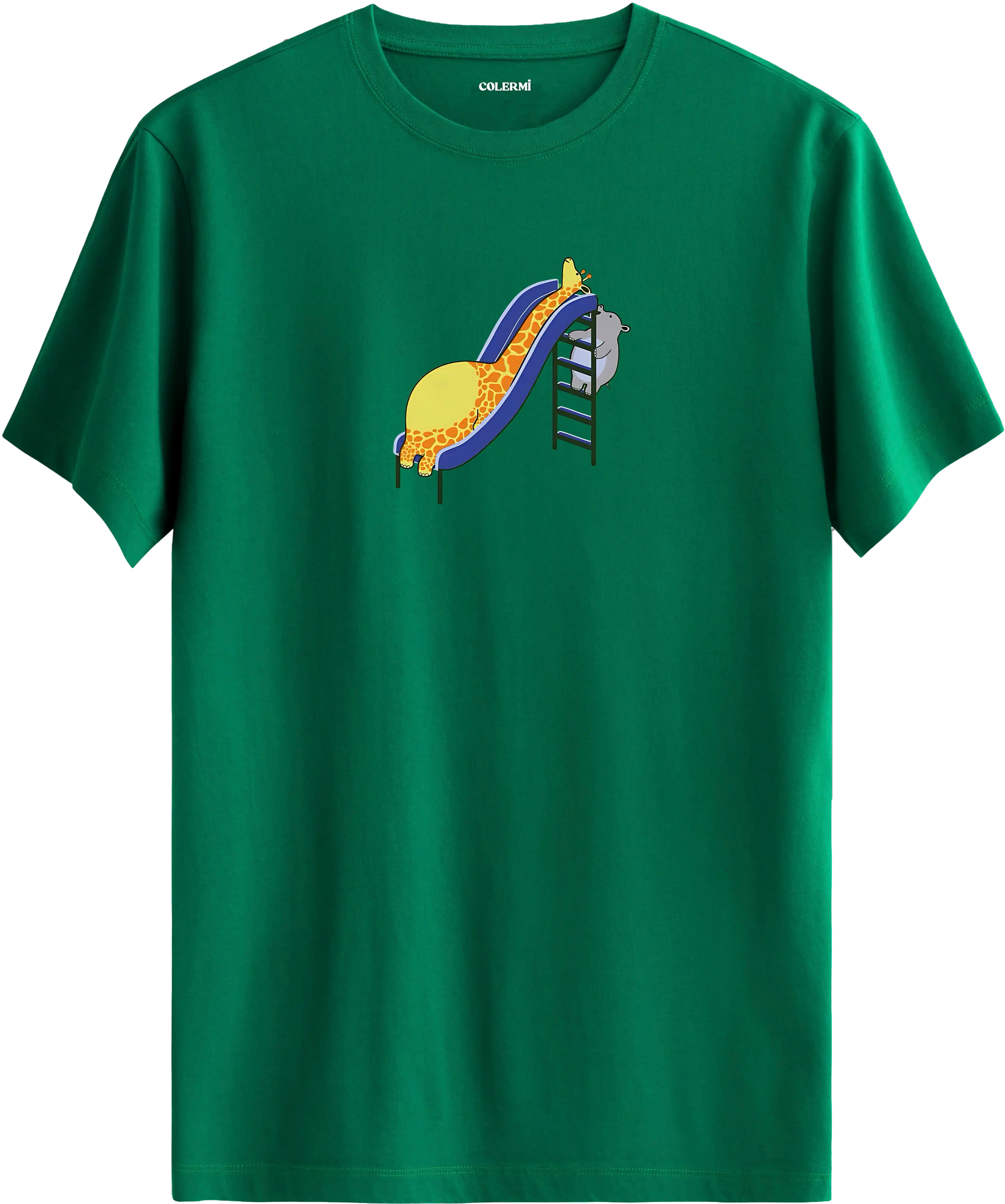 Zürafa kaydırak tasarımlı yeşil tişört eğlenceli hayvan baskılı tasarım