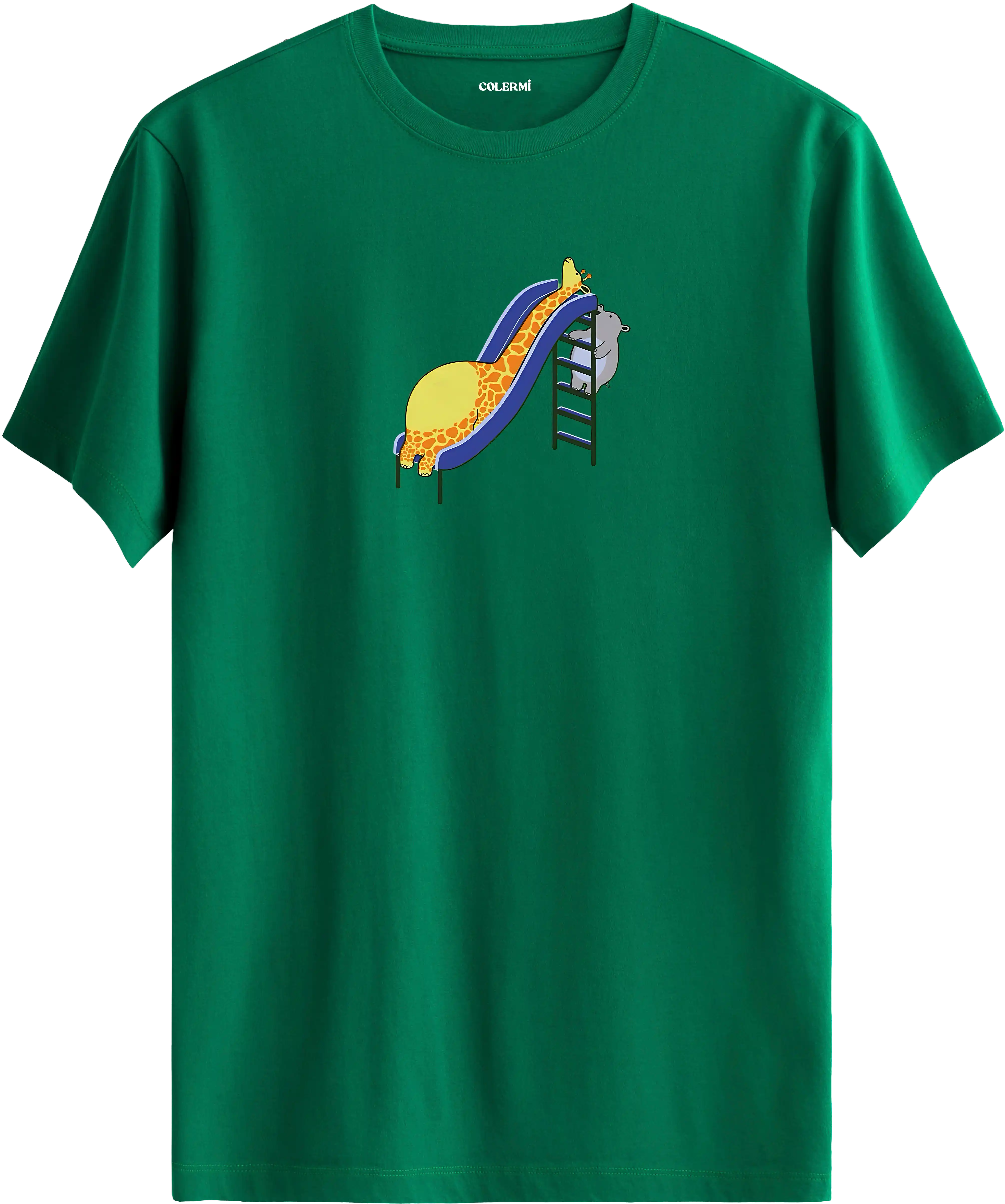 Zürafa kaydırak tasarımlı yeşil tişört eğlenceli hayvan baskılı tasarım