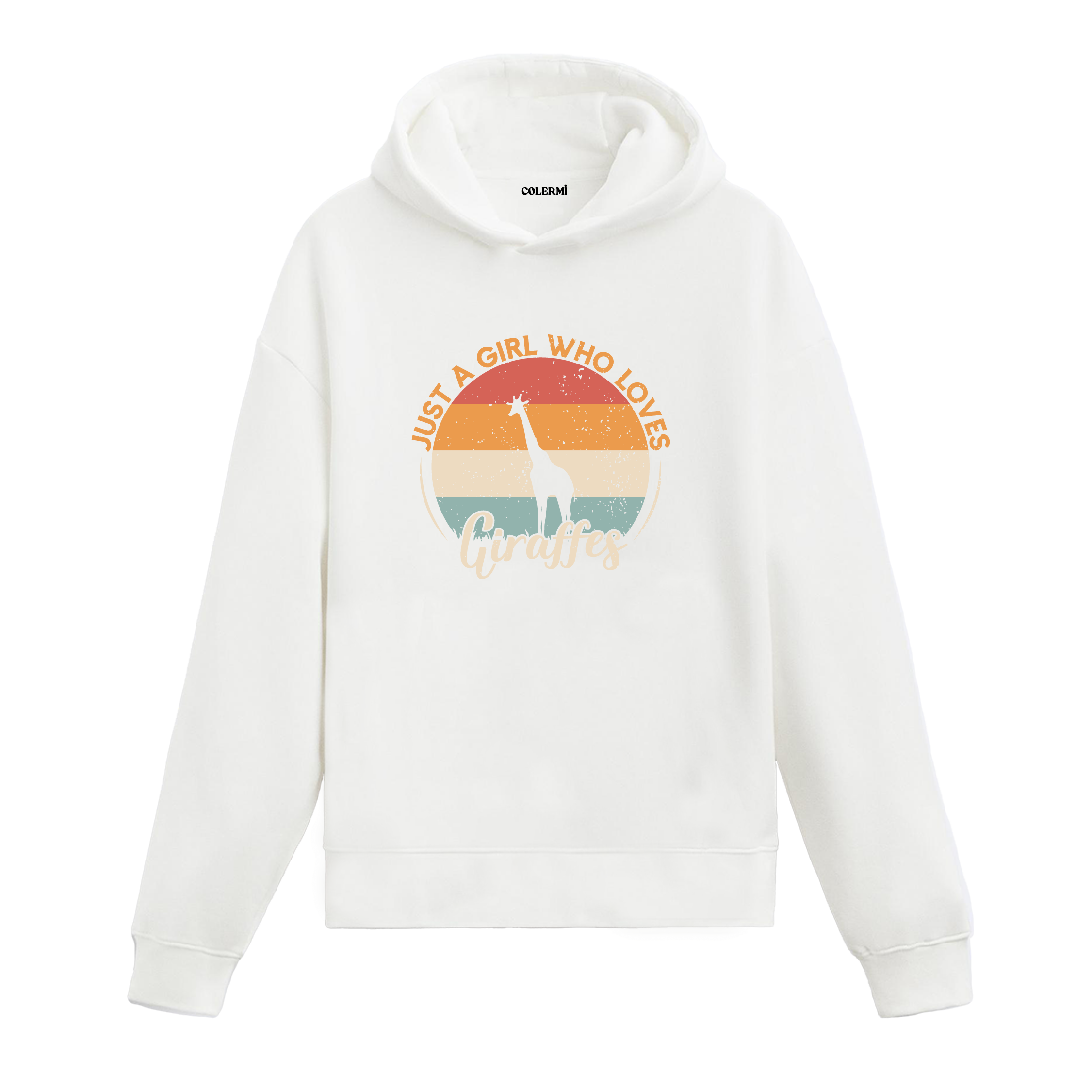 Retro günbatımı dairesinde zürafa ve “Just a Girl Who Loves Giraffes” yazılı siyah hoodie