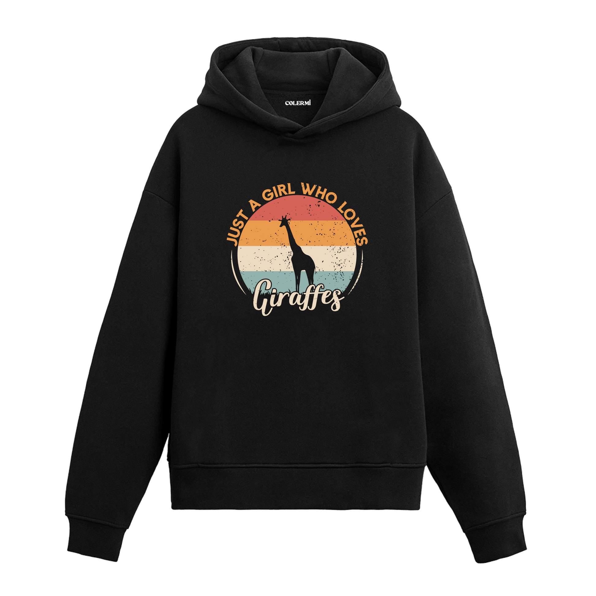 Retro günbatımı dairesinde zürafa ve “Just a Girl Who Loves Giraffes” yazılı siyah hoodie