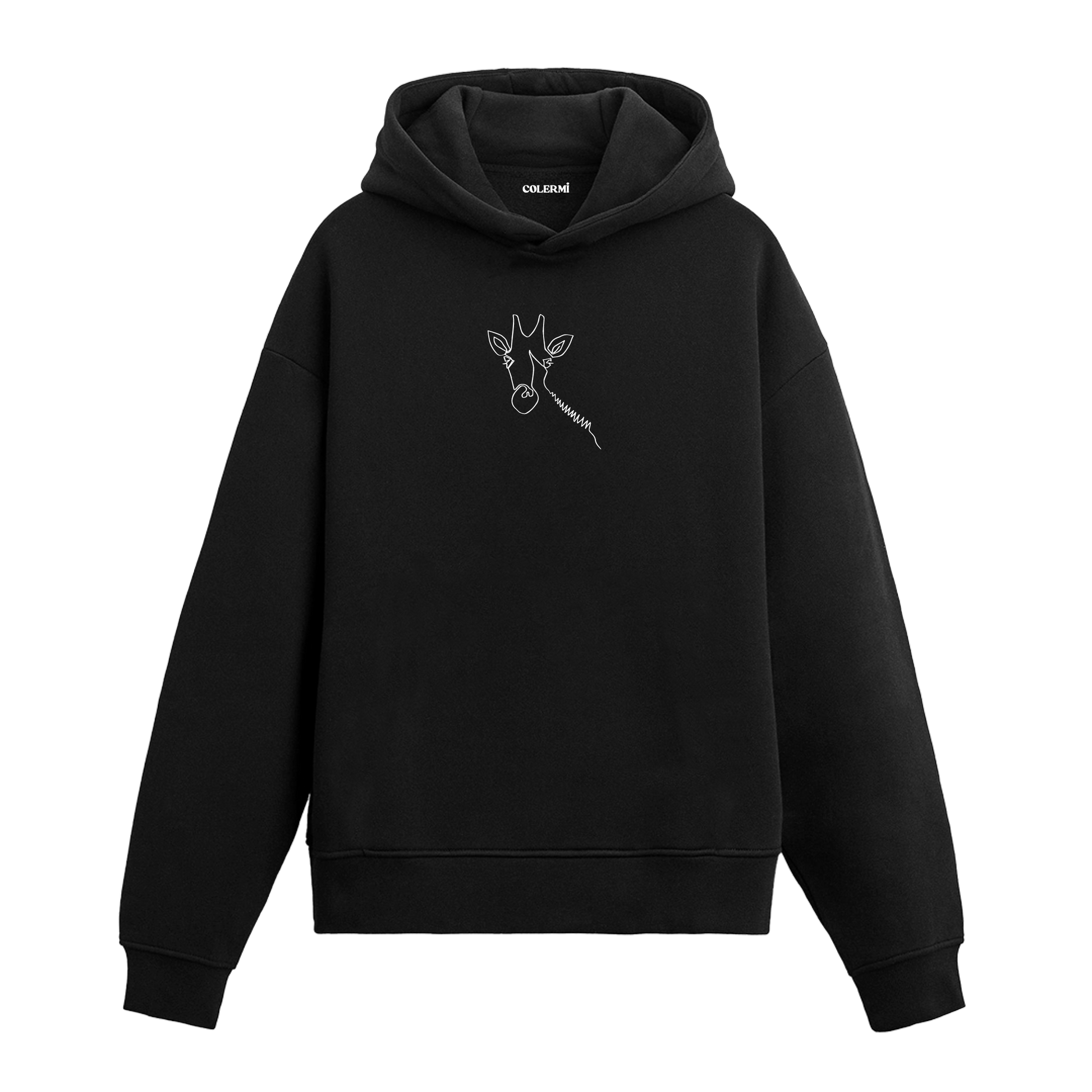 Siyah hoodie üzerinde minimal zürafa baskısı